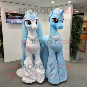 Sky Blue Horseshoe mascot costume character dressed with a Wedding Dress and Headbands