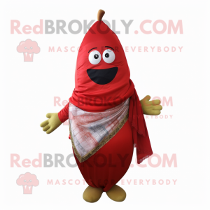 Red Pear mascot costume character dressed with a Mom Jeans and Scarf clips