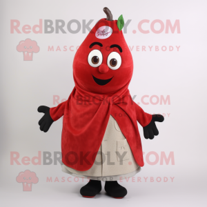 Red Pear mascot costume character dressed with a Mom Jeans and Scarf clips