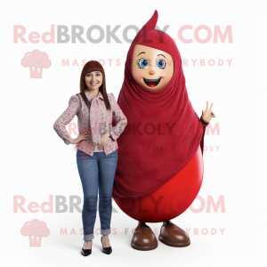 Red Pear mascot costume character dressed with a Mom Jeans and Scarf clips