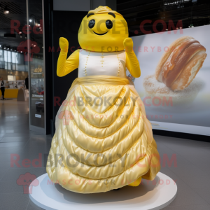 Yellow Croissant mascot costume character dressed with a Wedding Dress and Cummerbunds