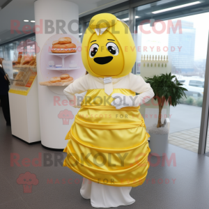 Yellow Croissant mascot costume character dressed with a Wedding Dress and Cummerbunds