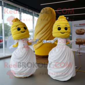 Yellow Croissant mascot costume character dressed with a Wedding Dress and Cummerbunds