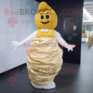 Yellow Croissant mascot costume character dressed with a Wedding Dress and Cummerbunds