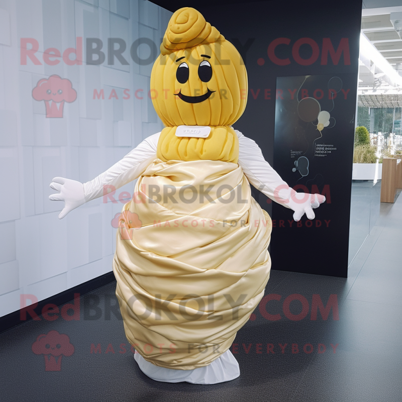 Yellow Croissant mascot costume character dressed with a Wedding Dress and Cummerbunds