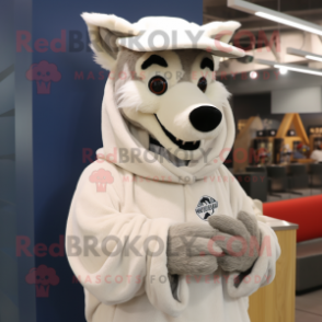 Cream Wolf mascot costume character dressed with a Turtleneck and Shawls