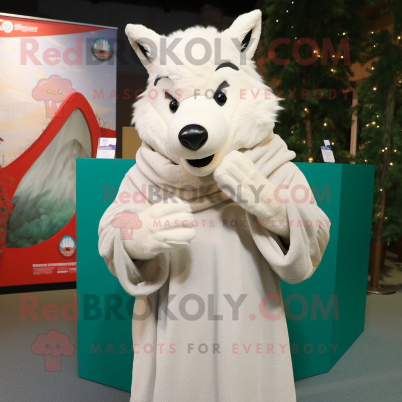 Cream Wolf mascot costume character dressed with a Turtleneck and Shawls