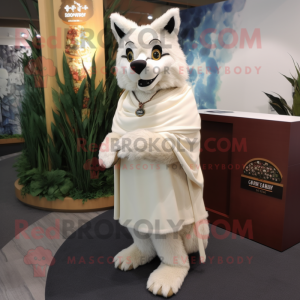 Cream Wolf mascot costume character dressed with a Turtleneck and Shawls