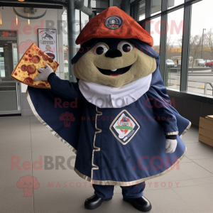 Navy Pizza Slice mascot costume character dressed with a Parka and Shawl pins