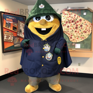 Navy Pizza Slice mascot costume character dressed with a Parka and Shawl pins