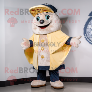 Navy Pizza Slice mascot costume character dressed with a Parka and Shawl pins