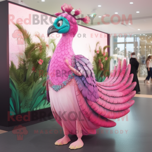 Pink Peacock mascot costume character dressed with a Midi Dress and Shawl pins