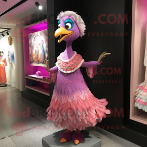 Pink Peacock mascot costume character dressed with a Midi Dress and Shawl pins