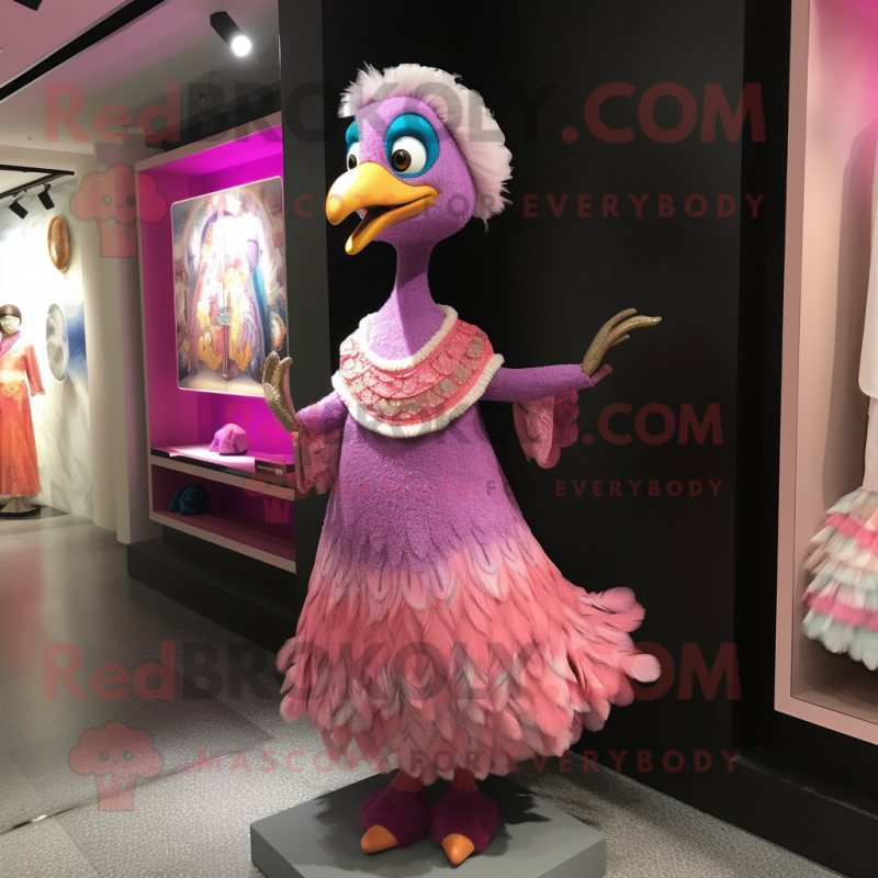 Pink Peacock mascot costume character dressed with a Midi Dress and Shawl pins Pink Peacock mascot costume character dressed with a Midi Dress and Shawl pins