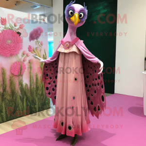 Pink Peacock mascot costume character dressed with a Midi Dress and Shawl pins