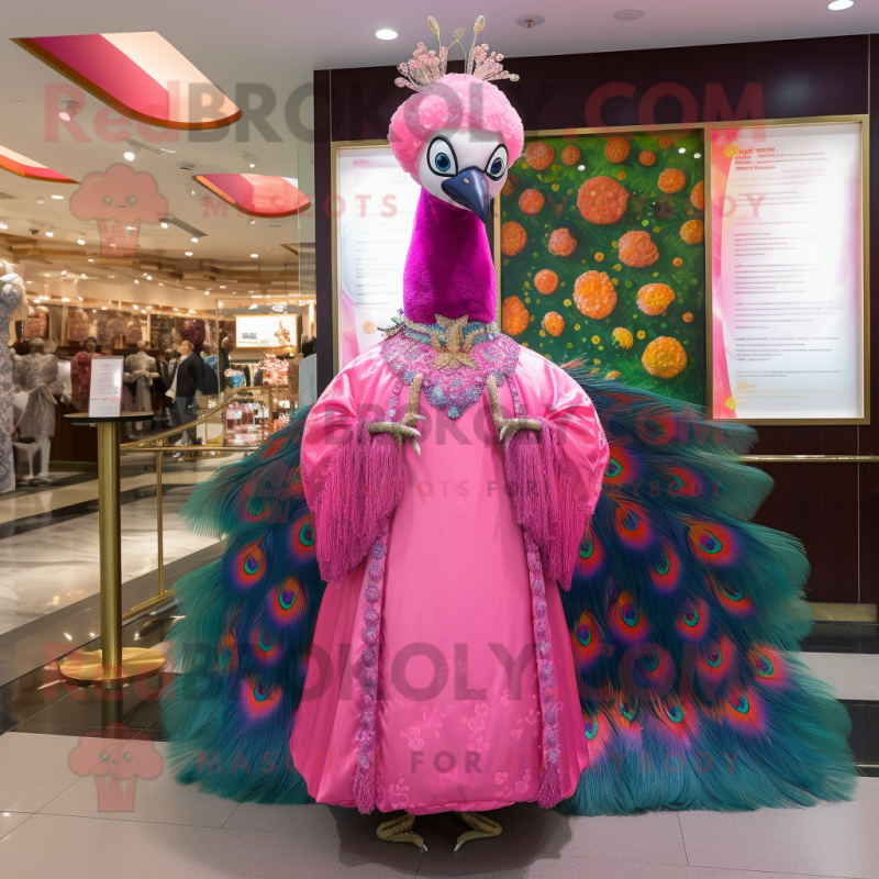 Pink Peacock mascot costume character dressed with a Midi Dress and Shawl pins