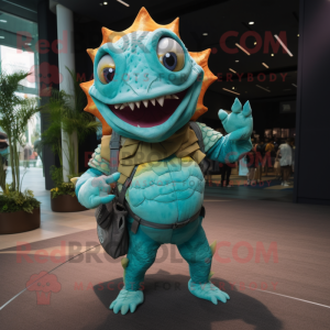 Turquoise Piranha mascot costume character dressed with a Bodysuit and Handbags