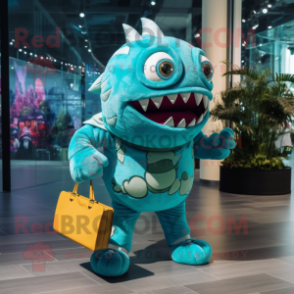 Turquoise Piranha mascot costume character dressed with a Bodysuit and Handbags