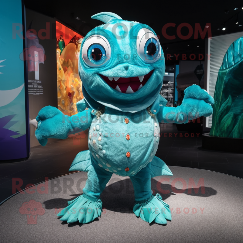 Turquoise Piranha mascot costume character dressed with a Bodysuit and Handbags Turquoise Piranha mascot costume character dressed with a Bodysuit and Handbags