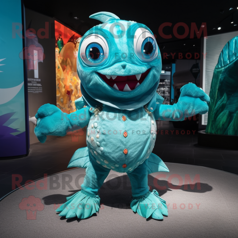 Turquoise Piranha mascot costume character dressed with a Bodysuit and Handbags