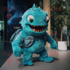 Turquoise Piranha mascot costume character dressed with a Bodysuit and Handbags