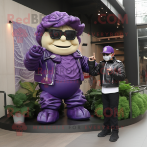 Purple Cabbage mascot costume character dressed with a Biker Jacket and Watches