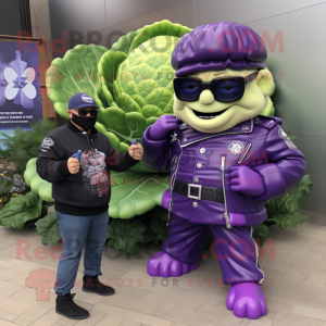 Purple Cabbage mascot costume character dressed with a Biker Jacket and Watches