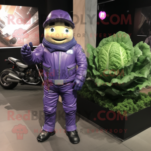 Purple Cabbage mascot costume character dressed with a Biker Jacket and Watches
