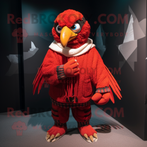Red Eagle mascot costume character dressed with a Cardigan and Mittens