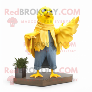 Yellow Pigeon mascot costume character dressed with a Flare Jeans and Wraps