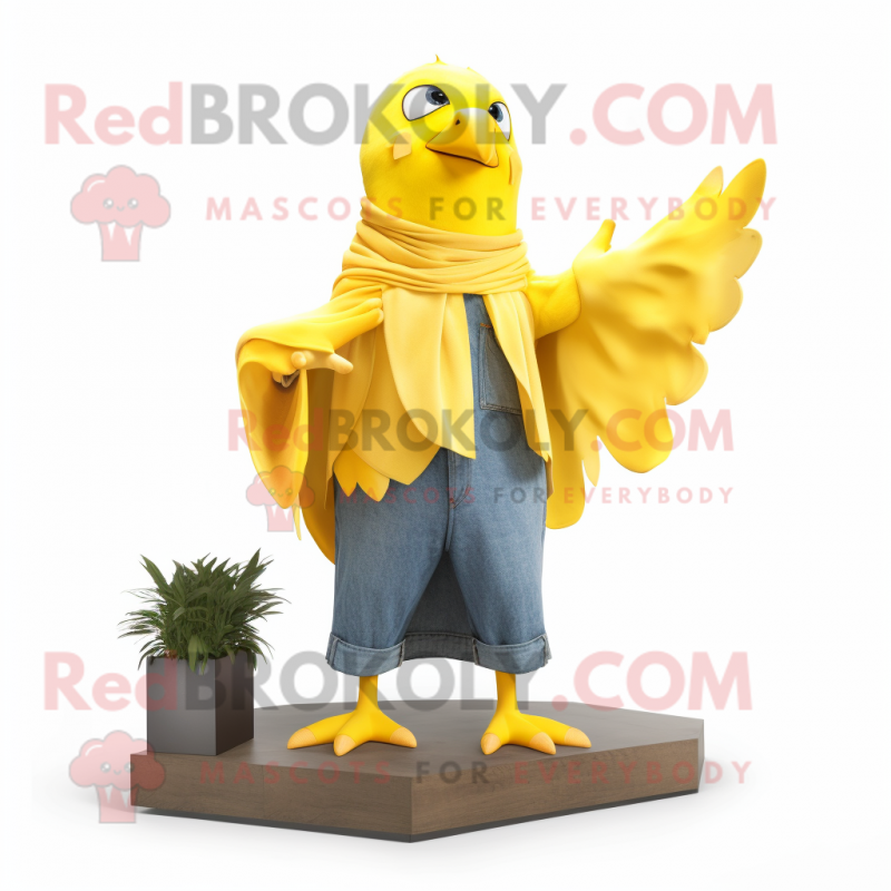Yellow Pigeon mascot costume character dressed with a Flare Jeans and Wraps Yellow Pigeon mascot costume character dressed with a Flare Jeans and Wraps