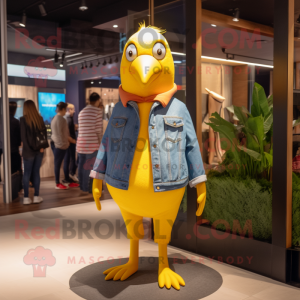 Yellow Pigeon mascot costume character dressed with a Flare Jeans and Wraps