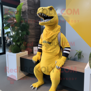 Lemon Yellow Allosaurus mascot costume character dressed with a Sweater and Beanies