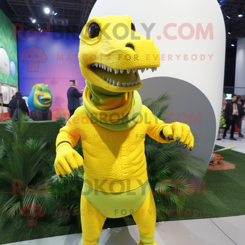 Lemon Yellow Allosaurus mascot costume character dressed with a Sweater and Beanies Lemon Yellow Allosaurus mascot costume character dressed with a Sweater and Beanies