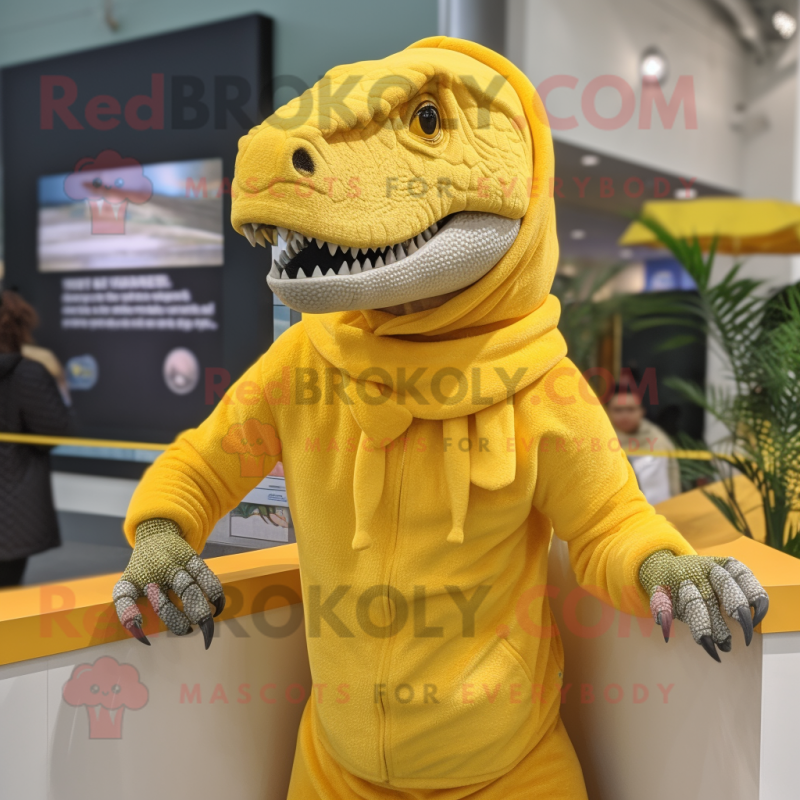 Lemon Yellow Allosaurus mascot costume character dressed with a Sweater and Beanies