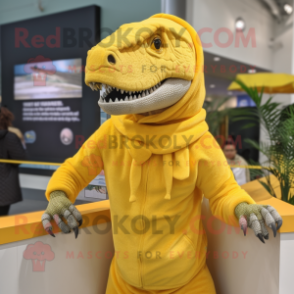 Lemon Yellow Allosaurus mascot costume character dressed with a Sweater and Beanies