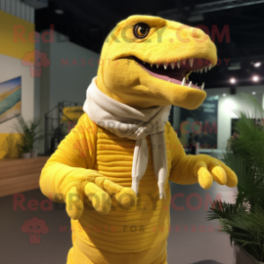 Lemon Yellow Allosaurus mascot costume character dressed with a Sweater and Beanies