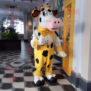 Yellow Holstein Cow mascot costume character dressed with a Blouse and Ties