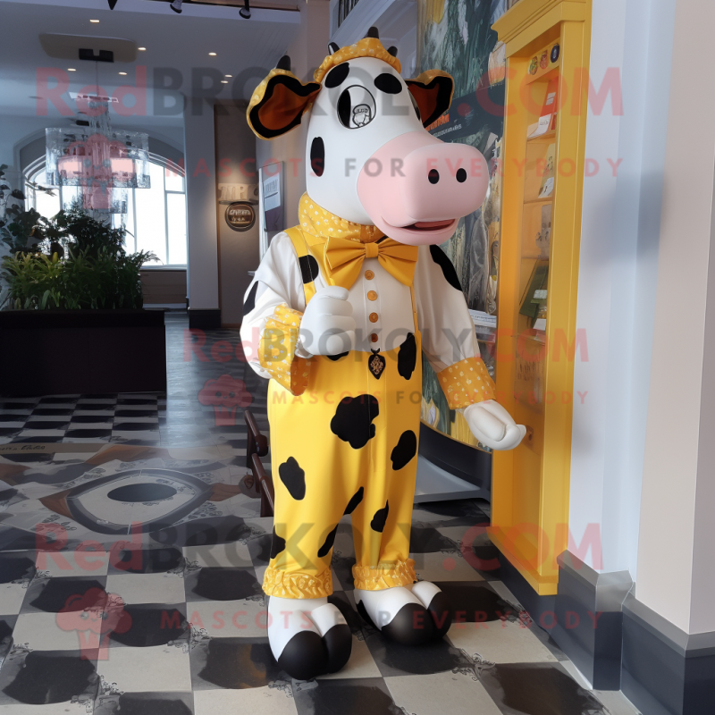 Yellow Holstein Cow mascot costume character dressed with a Blouse and Ties Yellow Holstein Cow mascot costume character dressed with a Blouse and Ties