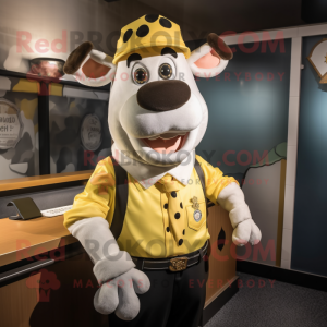 Yellow Holstein Cow mascot costume character dressed with a Blouse and Ties
