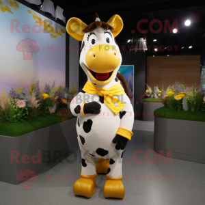 Yellow Holstein Cow mascot costume character dressed with a Blouse and Ties