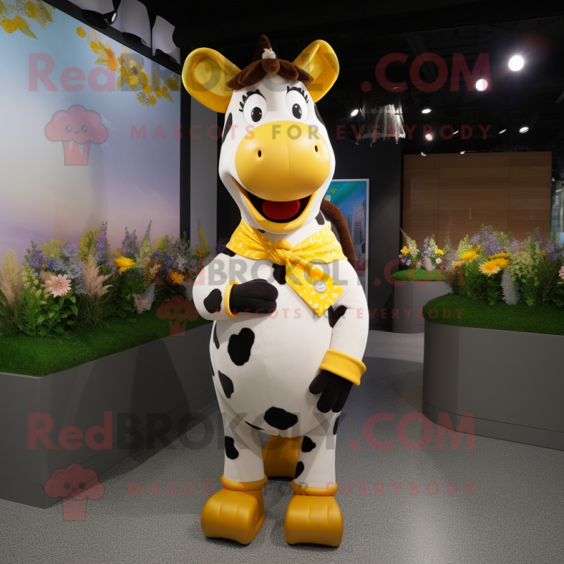 Yellow Holstein Cow mascot costume character dressed with a Blouse and Ties Yellow Holstein Cow mascot costume character dressed with a Blouse and Ties