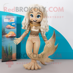 Tan Mermaid mascot costume character dressed with a Rash Guard and Hair clips