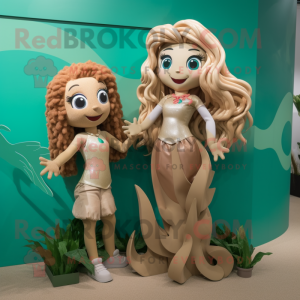 Tan Mermaid mascot costume character dressed with a Rash Guard and Hair clips