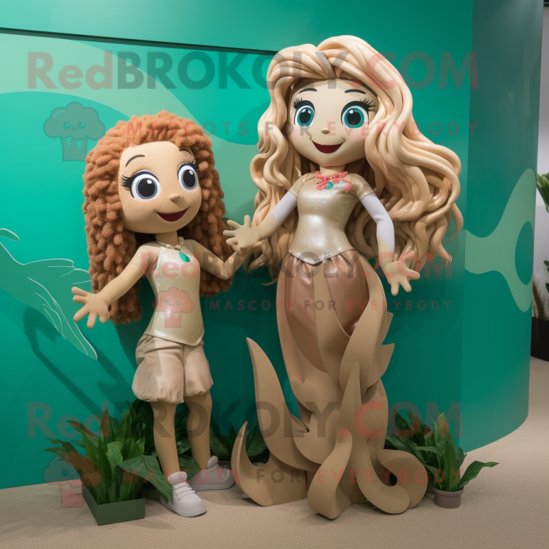Tan Mermaid mascot costume character dressed with a Rash Guard and Hair clips Tan Mermaid mascot costume character dressed with a Rash Guard and Hair clips