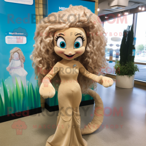 Tan Mermaid mascot costume character dressed with a Rash Guard and Hair clips