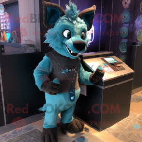 Teal Hyena mascot costume character dressed with a Jeggings and Coin purses