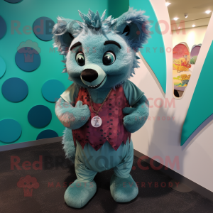 Teal Hyena mascot costume character dressed with a Jeggings and Coin purses
