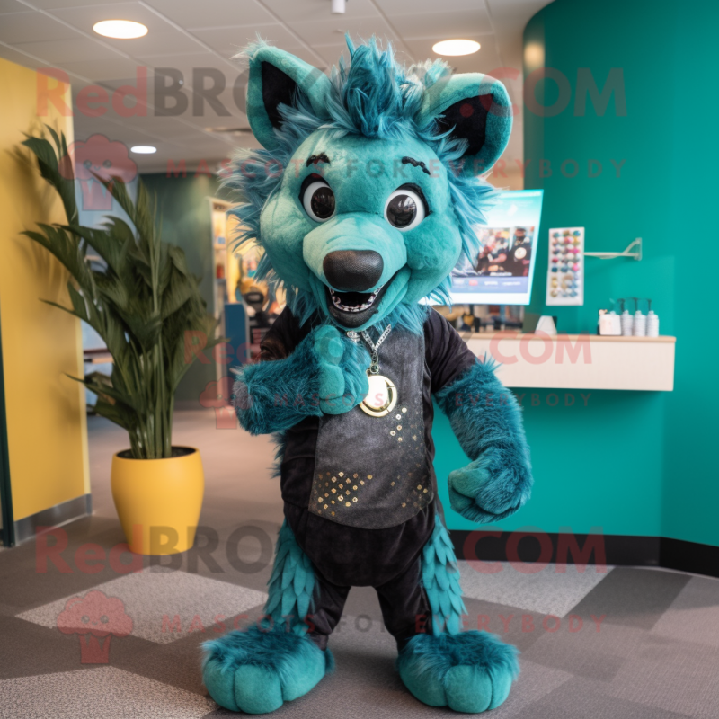 Teal Hyena mascot costume character dressed with a Jeggings and Coin purses