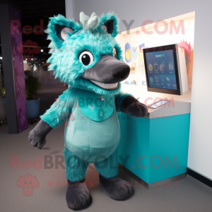 Teal Hyena mascot costume character dressed with a Jeggings and Coin purses